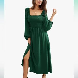 Green Long Sleeve Smocked Dress for Women Vintage Square Neck Split Dress, XL